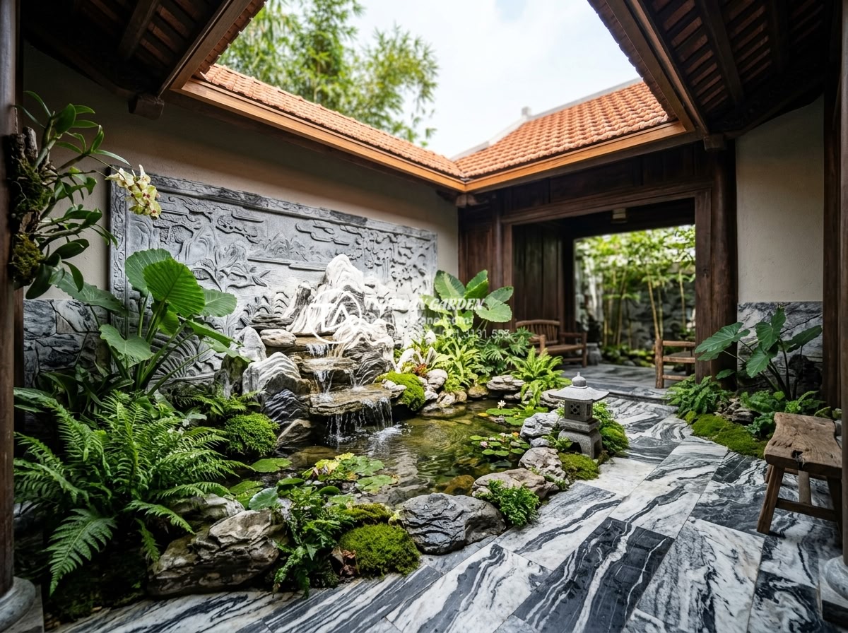 Sự kết hợp hoàn hảo giữa đá mỹ nghệ và nước trong tiểu cảnh giếng trời - Real project example of a completed skylight courtyard with premium carved stone
