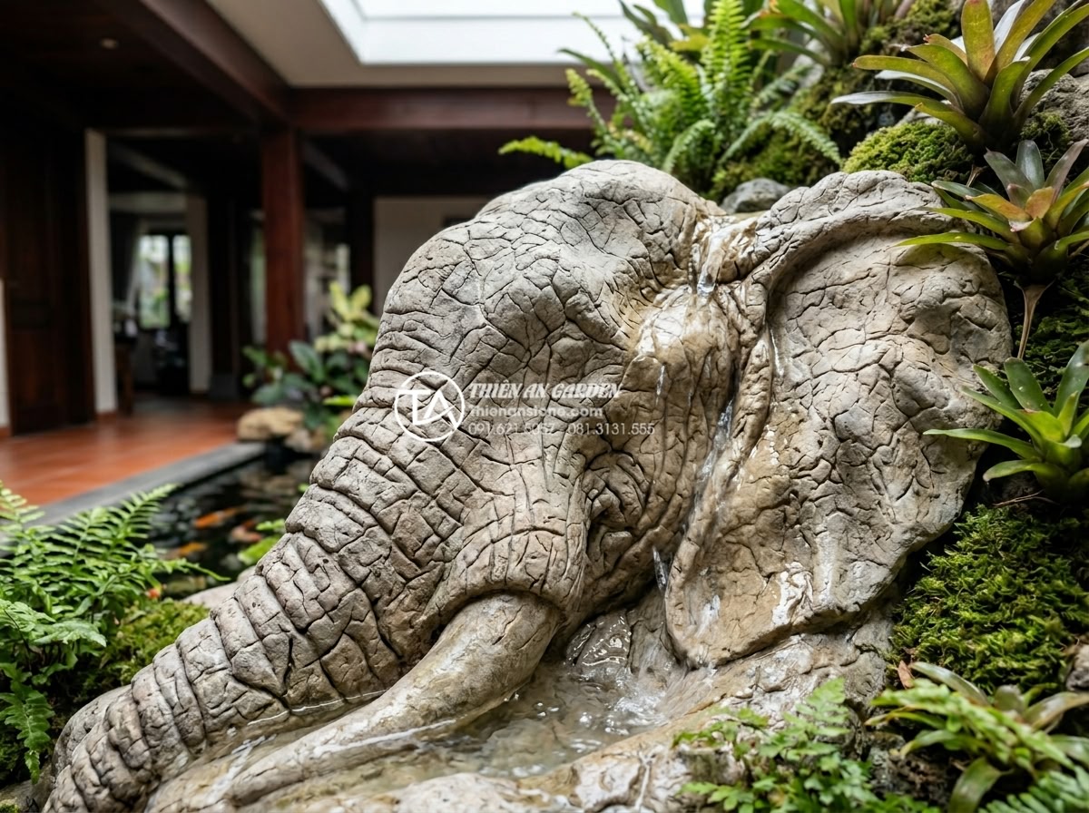 Sự kết hợp hoàn hảo giữa đá mỹ nghệ và nước trong tiểu cảnh giếng trời - Close-up view of intricately carved natural art stone integrated with flowing wa