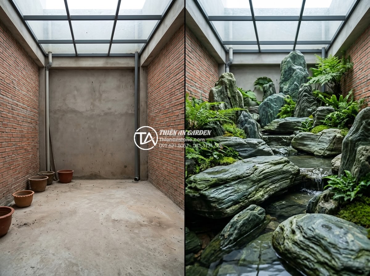 Sự kết hợp hoàn hảo giữa đá mỹ nghệ và nước trong tiểu cảnh giếng trời - Before and after transformation of a residential skylight area into an elegant s