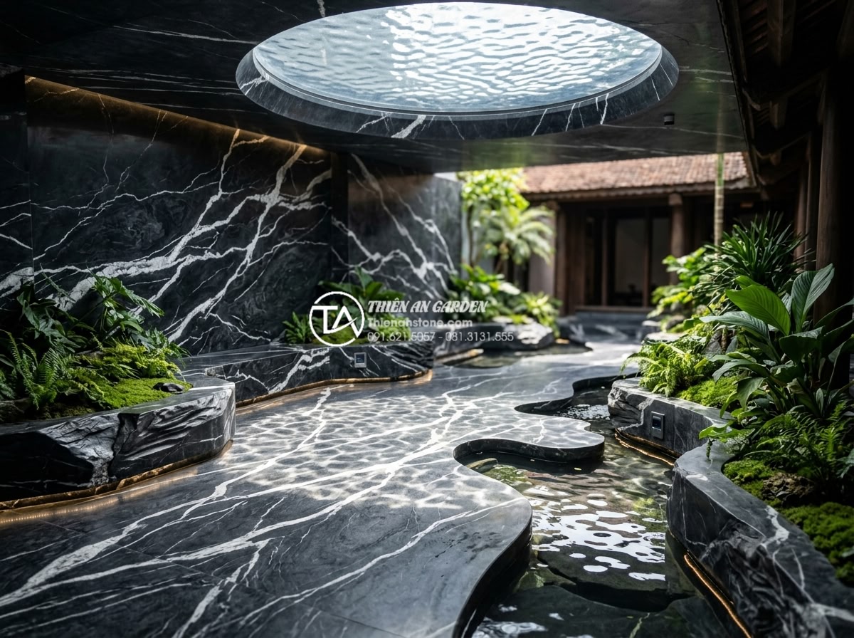 Sự kết hợp hoàn hảo giữa đá mỹ nghệ và nước trong tiểu cảnh giếng trời - Future trend concept of smart technology integrated natural stone and water skyl
