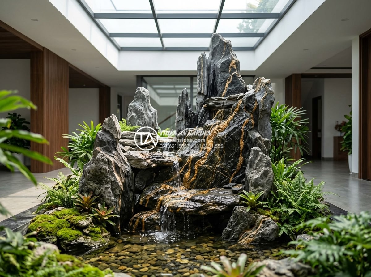 Sự kết hợp hoàn hảo giữa đá mỹ nghệ và nước trong tiểu cảnh giếng trời - Luxurious natural carved stone art pieces combined with cascading water in a mod