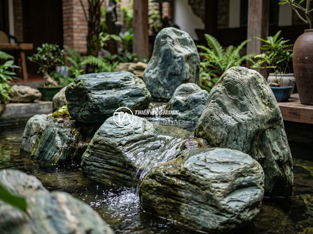 Sự kết hợp hoàn hảo giữa đá mỹ nghệ và nước trong tiểu cảnh giếng trời - Tranquil water feature with natural stone elements in an open-to-sky garden atri