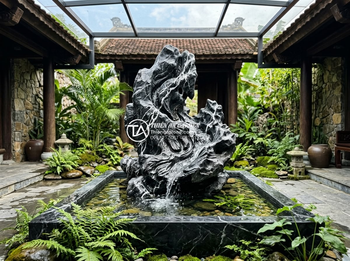 Sự kết hợp hoàn hảo giữa đá mỹ nghệ và nước trong tiểu cảnh giếng trời - Harmonious blend of hand-carved natural art stone and crystal clear water flowin