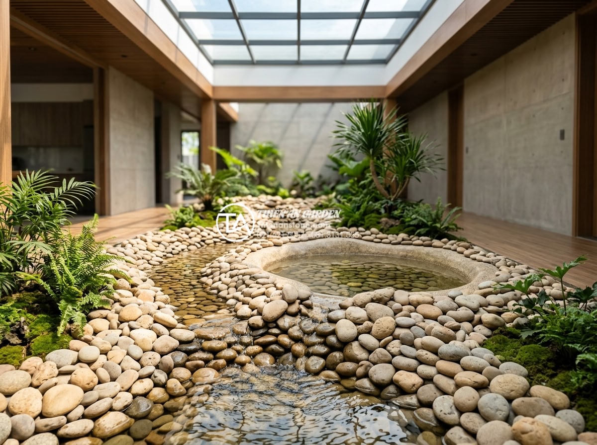 Sự kết hợp hoàn hảo giữa đá mỹ nghệ và nước trong tiểu cảnh giếng trời - Artistic integration of sculpted stone and water elements creating a balanced, s