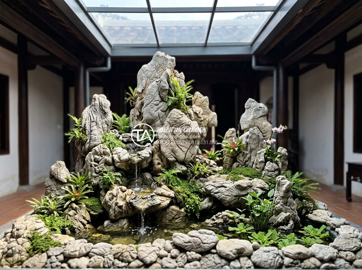 Sự kết hợp hoàn hảo giữa đá mỹ nghệ và nước trong tiểu cảnh giếng trời - Various types of natural stones including granite, marble, and basalt arranged w