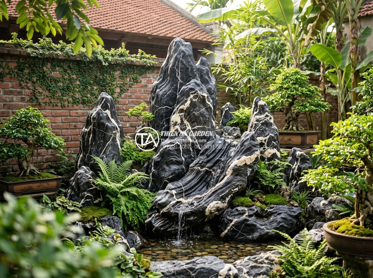 Sự khác biệt giữa đá lũa và đá cổ thạch trong trang trí sân sau - Hình 3 Sự khác biệt giữa đá lũa và đá cổ thạch trong trang trí sân sau - Photorealistic wide shot of a serene Vietnamese backyard rockery featuring yello