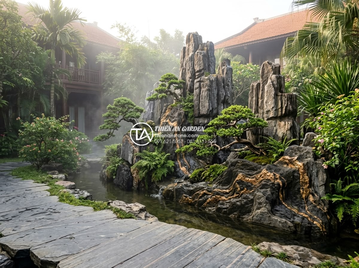 Sự khác biệt giữa đá lũa và đá cổ thạch trong trang trí sân sau - Hình 7 Sự khác biệt giữa đá lũa và đá cổ thạch trong trang trí sân sau - Elegant wide angle view of a high-end Vietnamese resort garden featuring layered