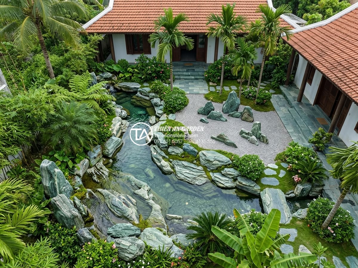 Sự khác biệt giữa đá lũa và đá cổ thạch trong trang trí sân sau - Hình 9 Sự khác biệt giữa đá lũa và đá cổ thạch trong trang trí sân sau - Aerial view of a beautifully designed Vietnamese villa backyard incorporating bo