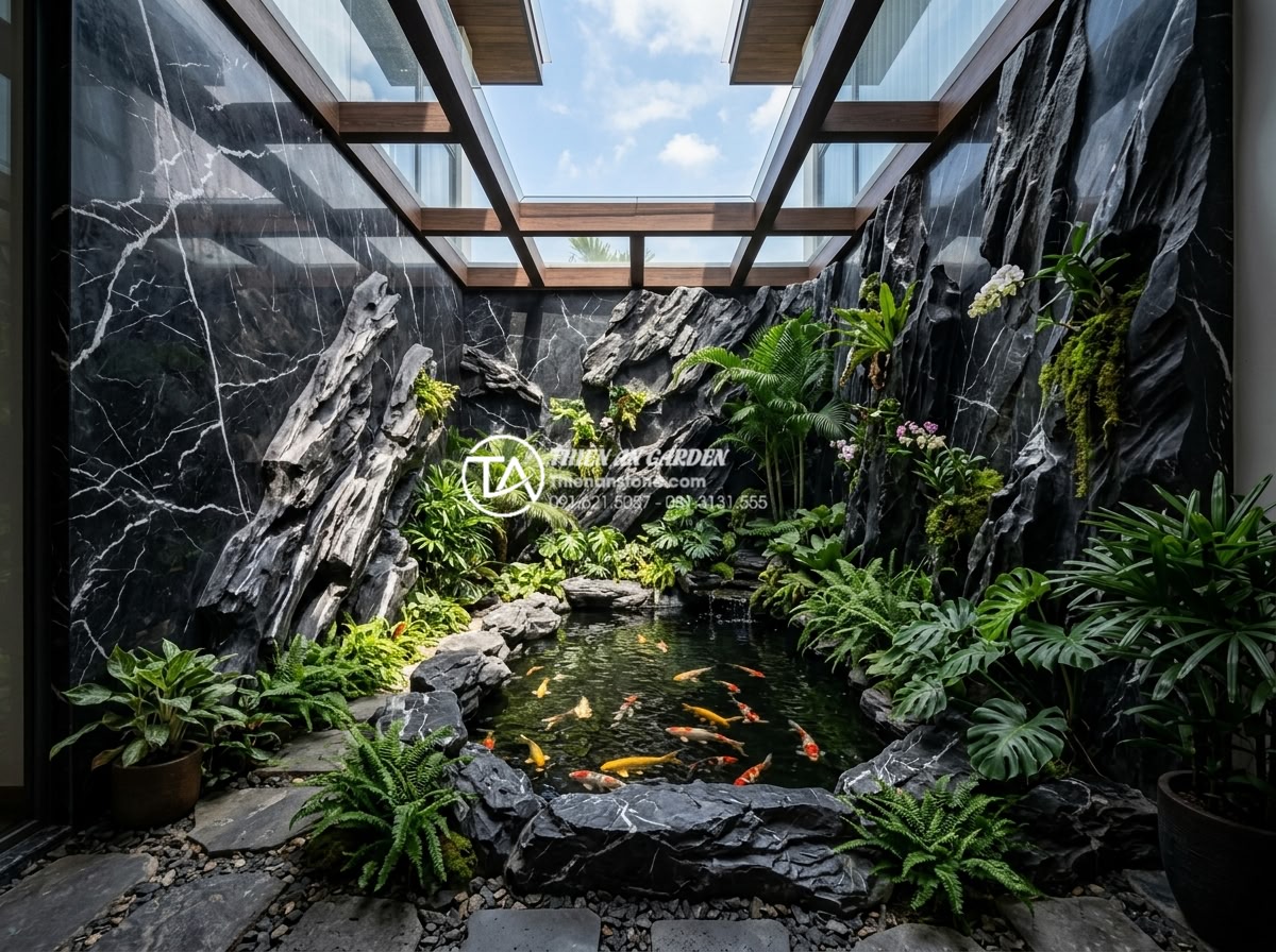 Tác dụng của tiểu cảnh giếng trời đối với sức khỏe và tâm trạng - A modern Vietnamese villa atrium skywell landscape featuring carved natural ston