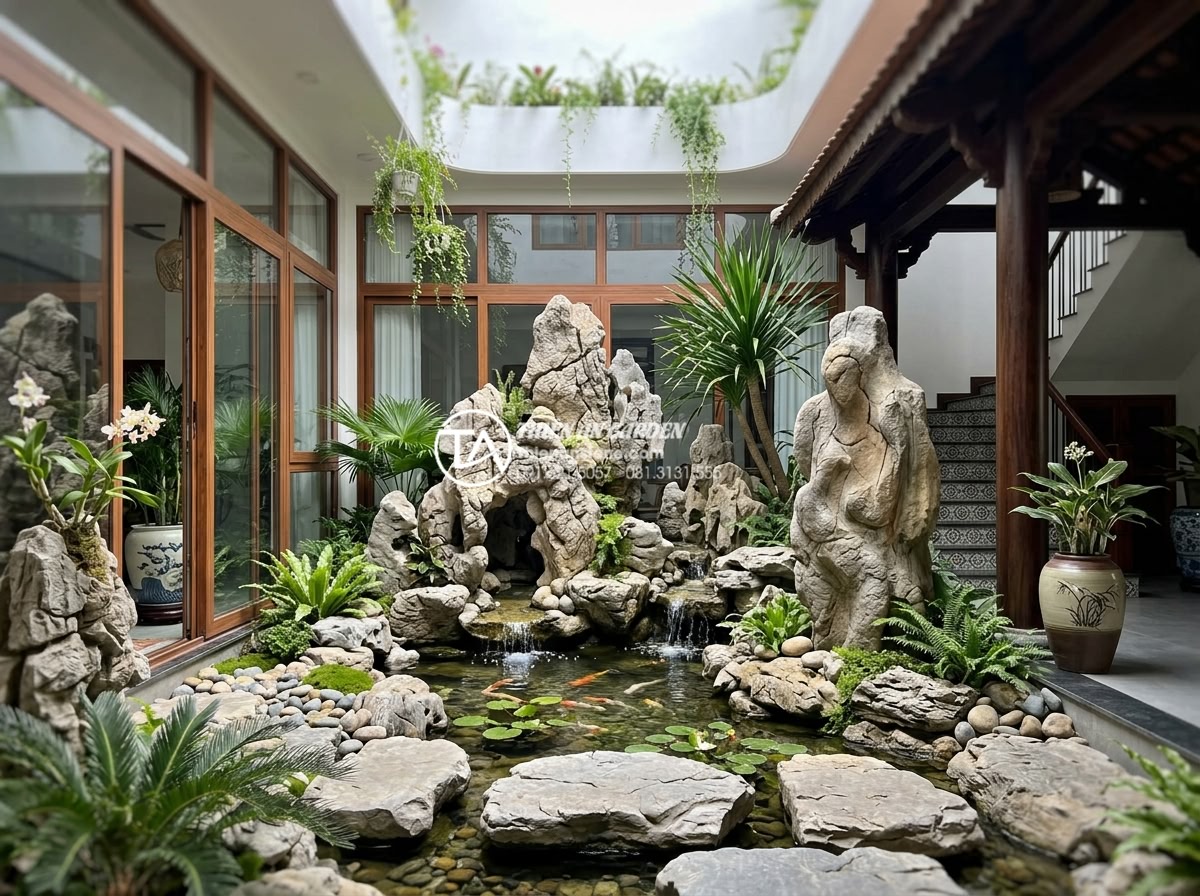 Tác dụng của tiểu cảnh giếng trời đối với sức khỏe và tâm trạng - High-quality marble and granite sculptures integrated into a luxurious skywell l