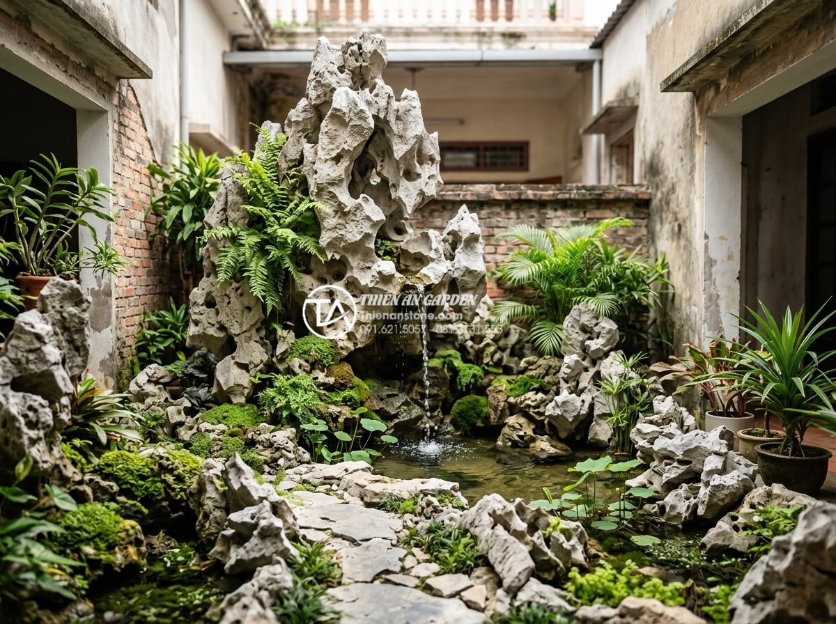 Tác dụng của tiểu cảnh giếng trời đối với sức khỏe và tâm trạng - Feng shui inspired skywell design using natural stones, water features, and plan