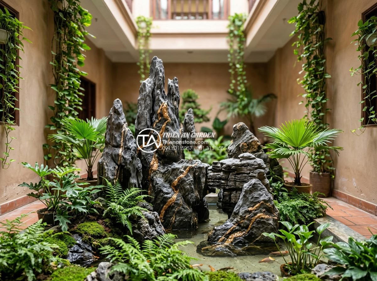 Tác dụng của tiểu cảnh giếng trời đối với sức khỏe và tâm trạng - Harmonious feng shui skywell with carefully placed stone elements and greenery f
