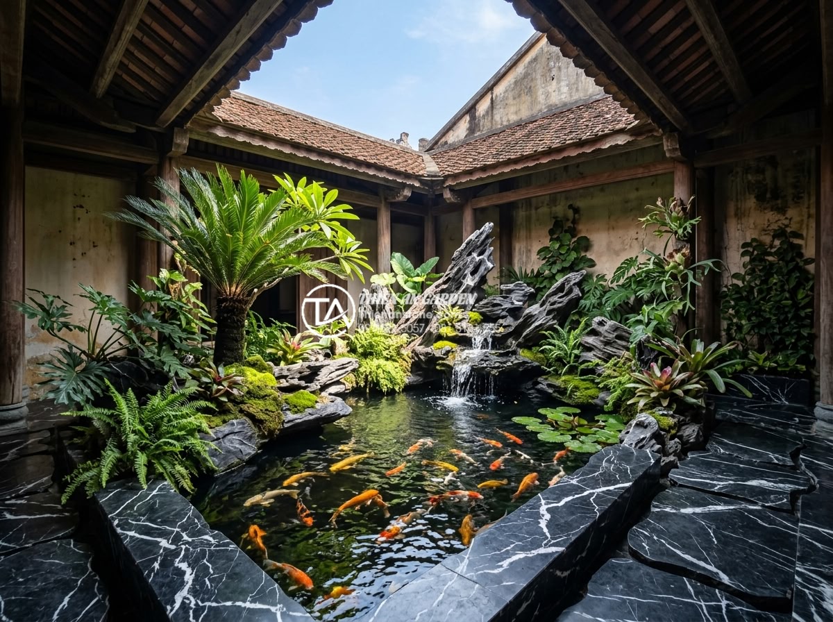 Tác dụng của tiểu cảnh giếng trời đối với sức khỏe và tâm trạng - Integrated skywell with koi pond, natural stone non-bo, lush plants, and water f