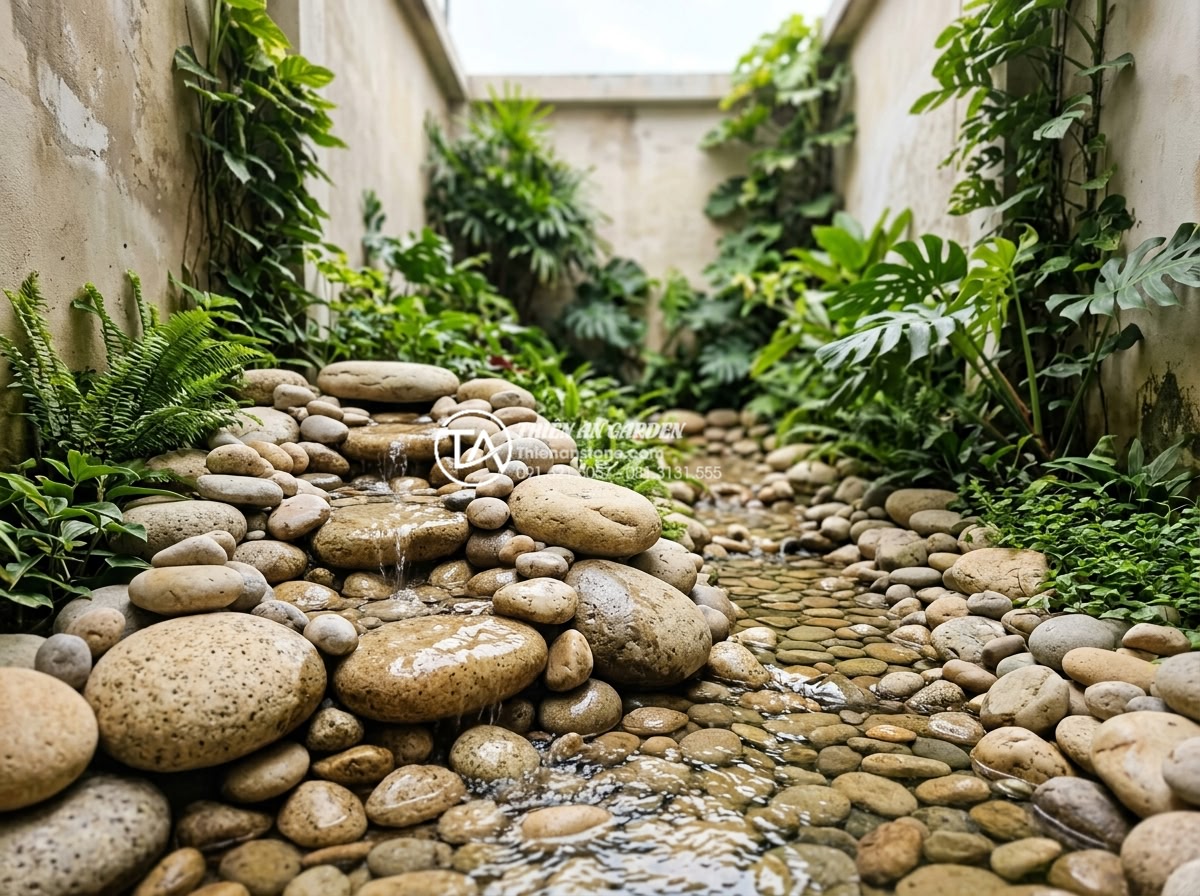 Tác dụng của tiểu cảnh giếng trời đối với sức khỏe và tâm trạng - Perfect combination of greenery, flowing water, and art stone in a skywell creat