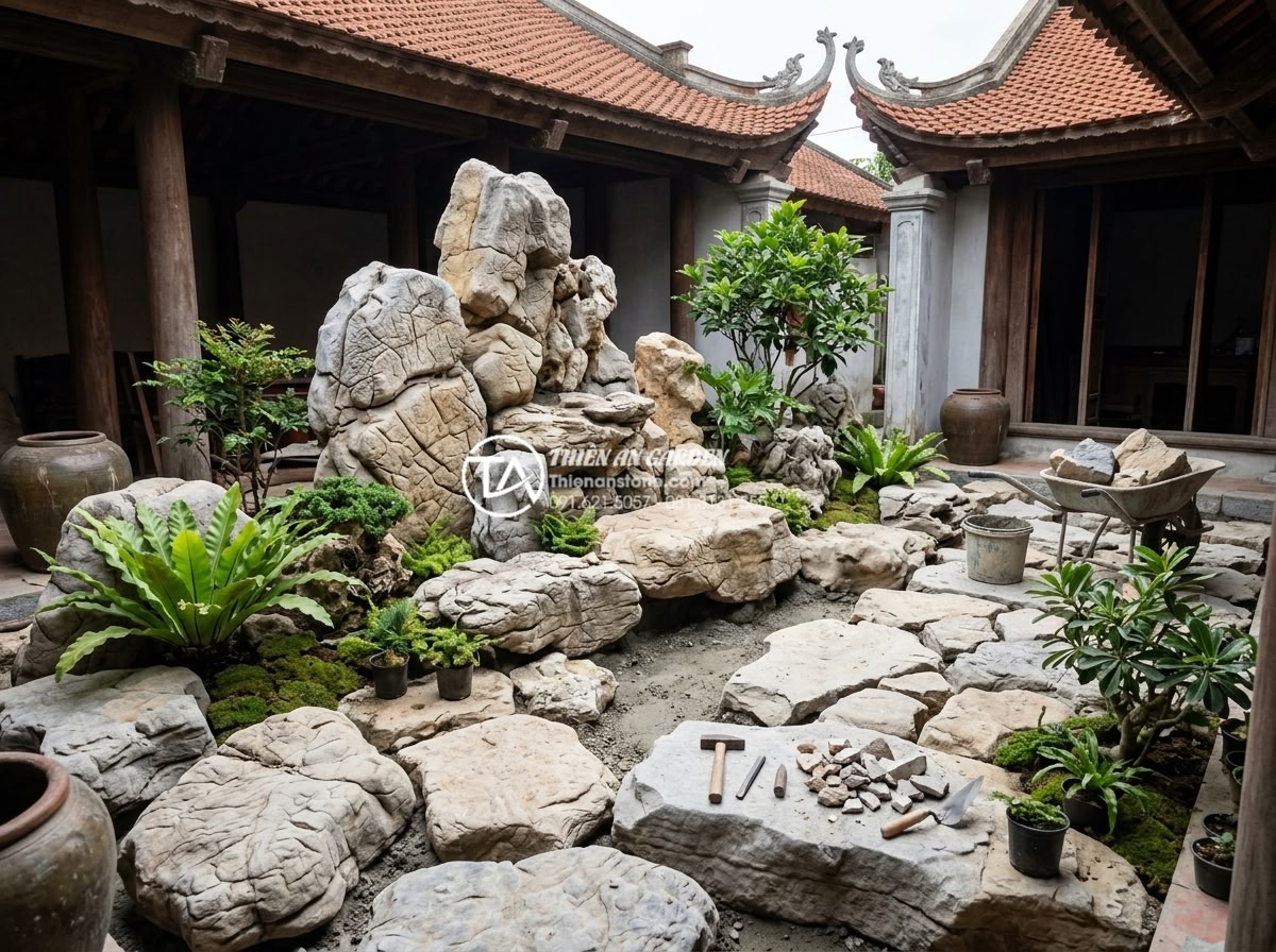 Tác dụng của tiểu cảnh giếng trời đối với sức khỏe và tâm trạng - Professional construction process of a durable natural stone skywell landscape w