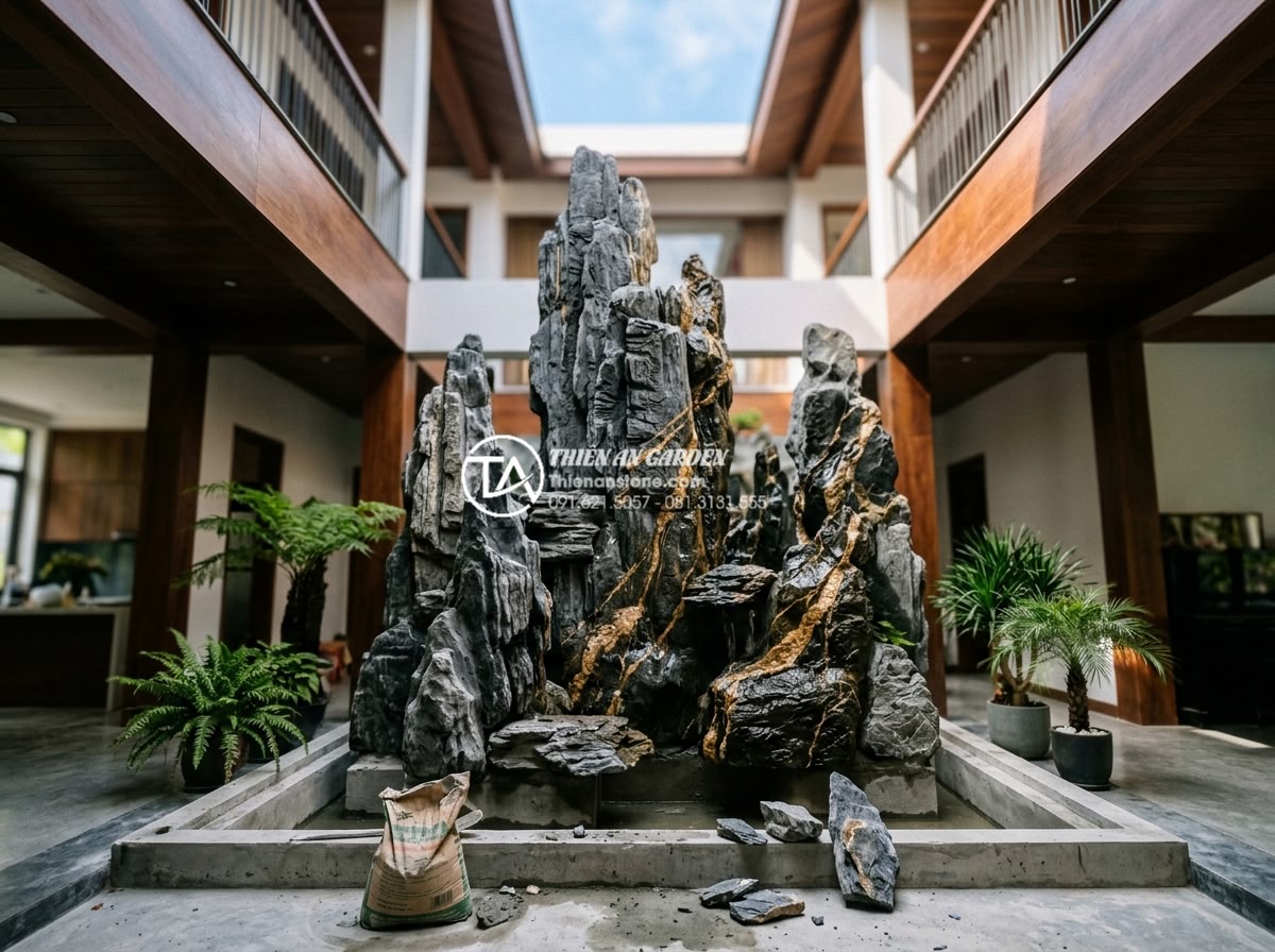 Tác dụng của tiểu cảnh giếng trời đối với sức khỏe và tâm trạng - Professional team from Da Canh Thien An installing a premium natural stone skywe