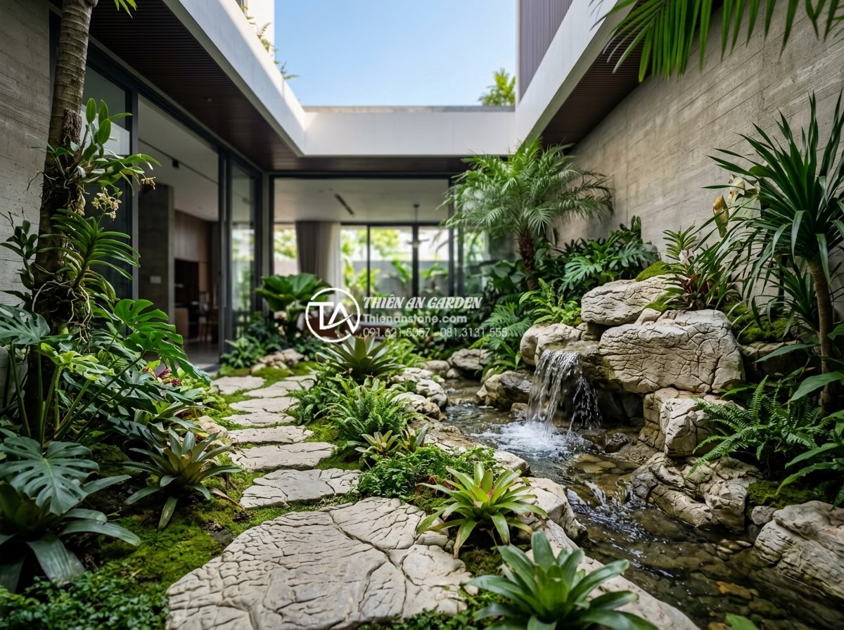 Tác dụng của tiểu cảnh giếng trời đối với sức khỏe và tâm trạng - Lush green skywell garden with natural stone pathways, exotic plants, and a smal