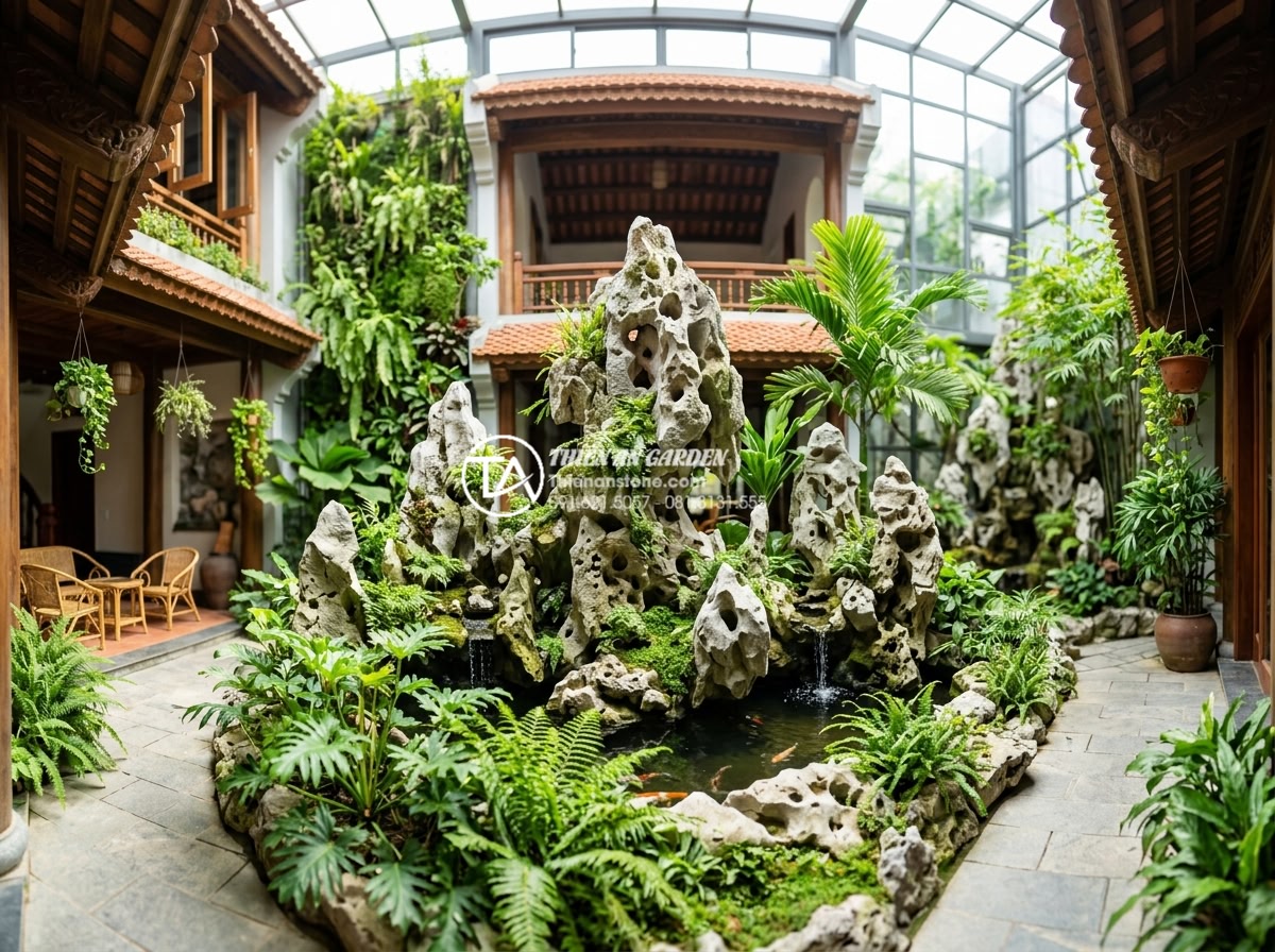 Tác dụng của tiểu cảnh giếng trời đối với sức khỏe và tâm trạng - Panoramic image of an eco-friendly atrium with art stone decorations, vibrant gr