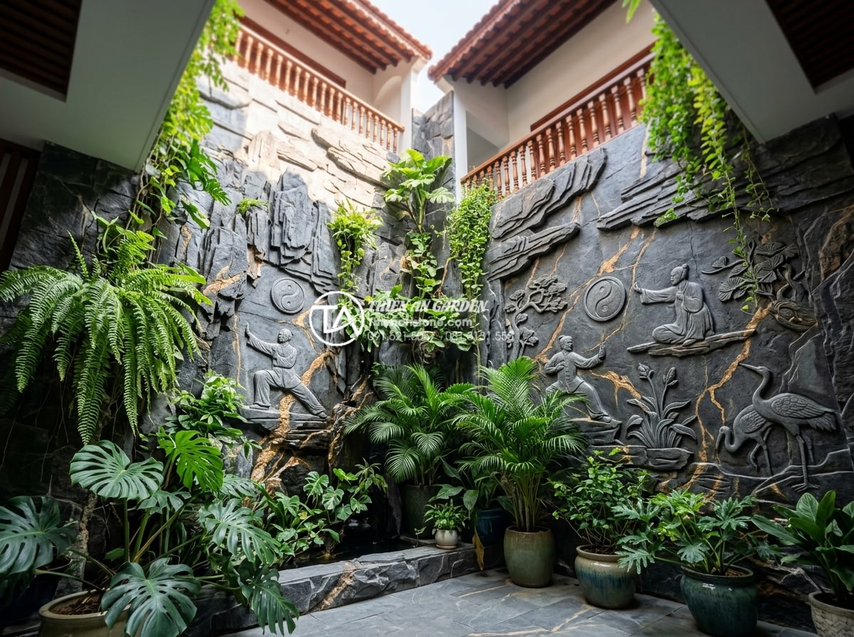 Tác dụng của tiểu cảnh giếng trời đối với sức khỏe và tâm trạng - Natural stone skywell with fresh air circulation, green plants purifying the atm