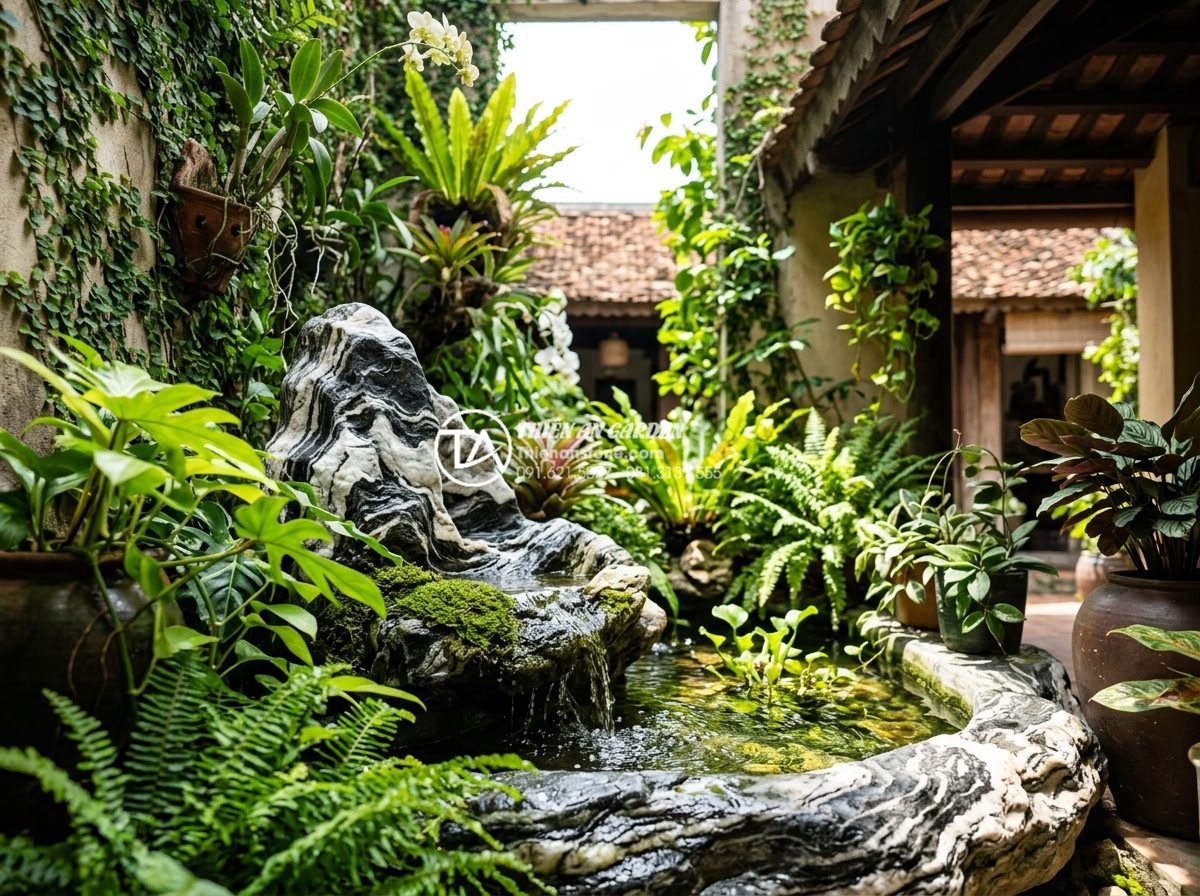 Tác dụng của tiểu cảnh giếng trời đối với sức khỏe và tâm trạng - Close-up of a healthy living environment with skywell featuring water elements, 
