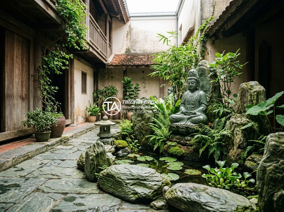 Tác dụng của tiểu cảnh giếng trời đối với sức khỏe và tâm trạng - Tranquil skywell landscape with carved stone statues, soft lighting, and greener