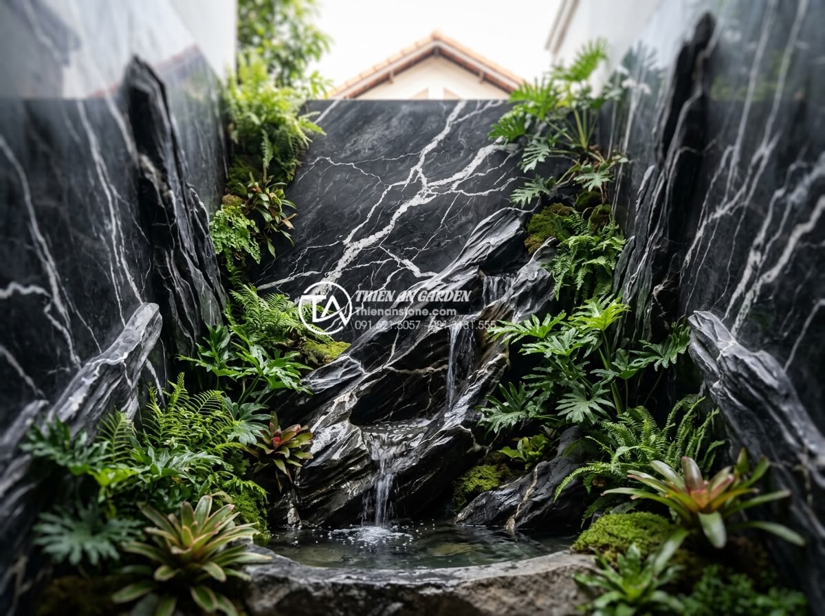Tác dụng của tiểu cảnh giếng trời đối với sức khỏe và tâm trạng - Serene image of a mood-enhancing skywell with natural stone elements, flowing wa