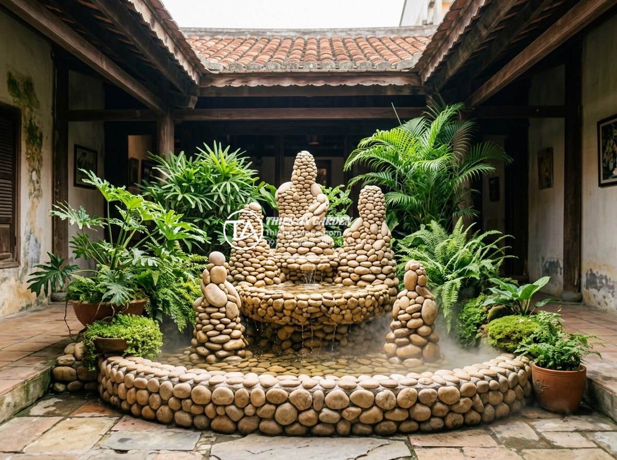 Tại sao giếng trời bị nóng? 5 Cách hạ nhiệt cực hiệu quả - Hình 15 Tại sao giếng trời bị nóng? 5 Cách hạ nhiệt cực hiệu quả - Attractive water fountain with natural stone sculptures in a skywell atrium crea