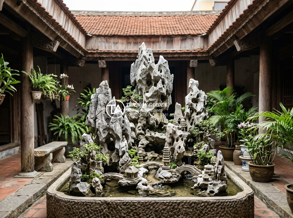 Tại sao giếng trời bị nóng? 5 Cách hạ nhiệt cực hiệu quả - Hình 17 Tại sao giếng trời bị nóng? 5 Cách hạ nhiệt cực hiệu quả - Artistic stone carvings and miniature rockery non-bo in a skywell atrium providi