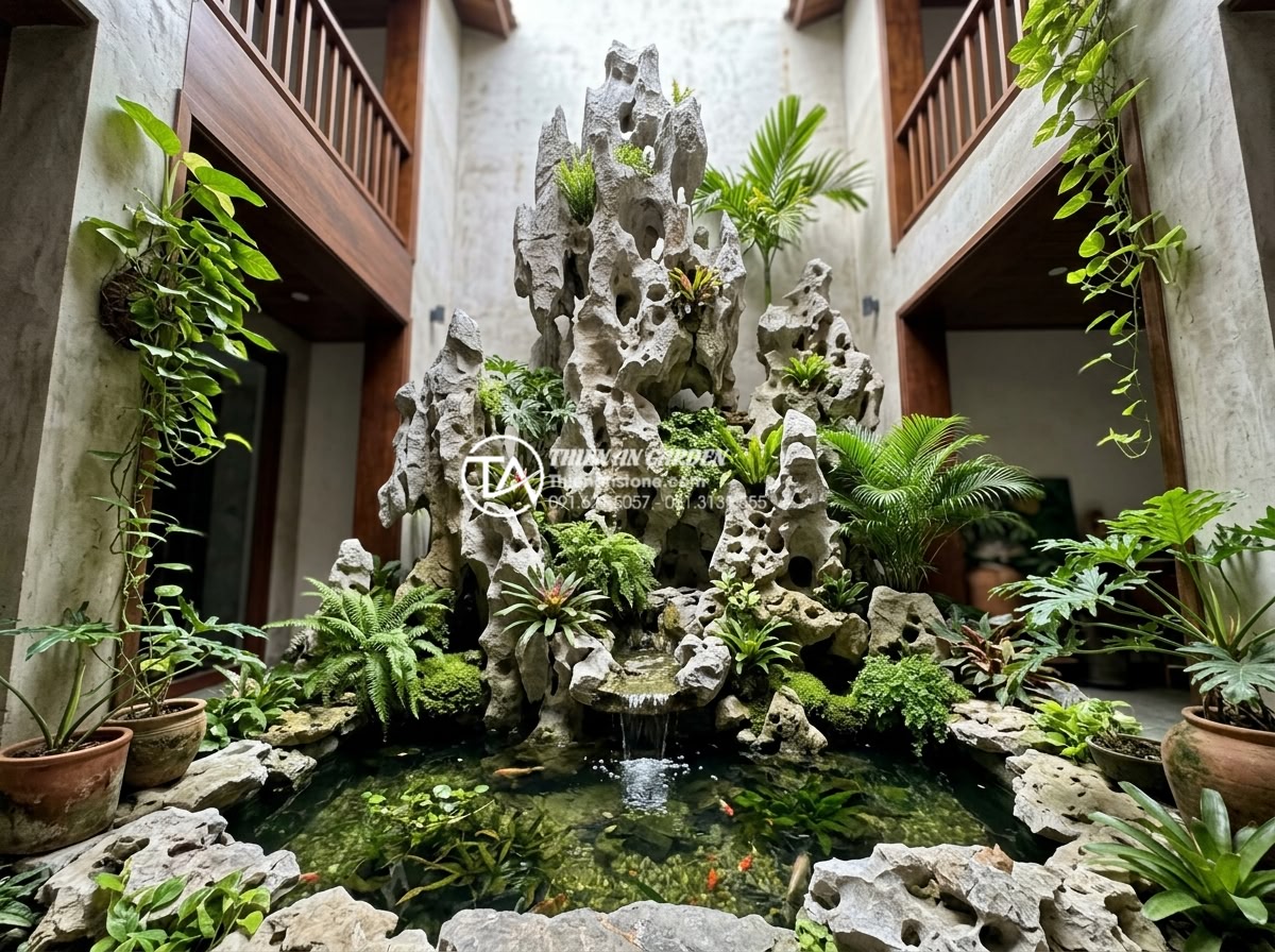 Tại sao giếng trời bị nóng? 5 Cách hạ nhiệt cực hiệu quả - Hình 24 Tại sao giếng trời bị nóng? 5 Cách hạ nhiệt cực hiệu quả - Detailed after photo of renovated skywell with natural stone, water features, an