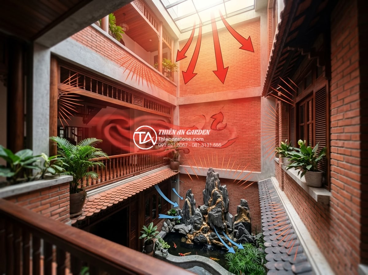 Tại sao giếng trời bị nóng? 5 Cách hạ nhiệt cực hiệu quả - Hình 4 Tại sao giếng trời bị nóng? 5 Cách hạ nhiệt cực hiệu quả - Scientific diagram style image of a hot skywell atrium highlighting causes like