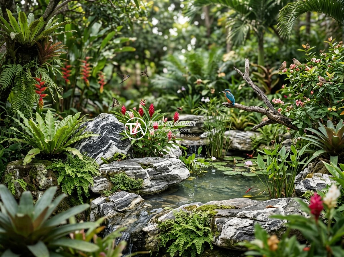 Tại sao nên dùng đá tự nhiên thay vì đá nhân tạo cho tiểu cảnh ngoài trời? - Natural stone integrated into biodiversity-rich garden ecosystem with birds and 