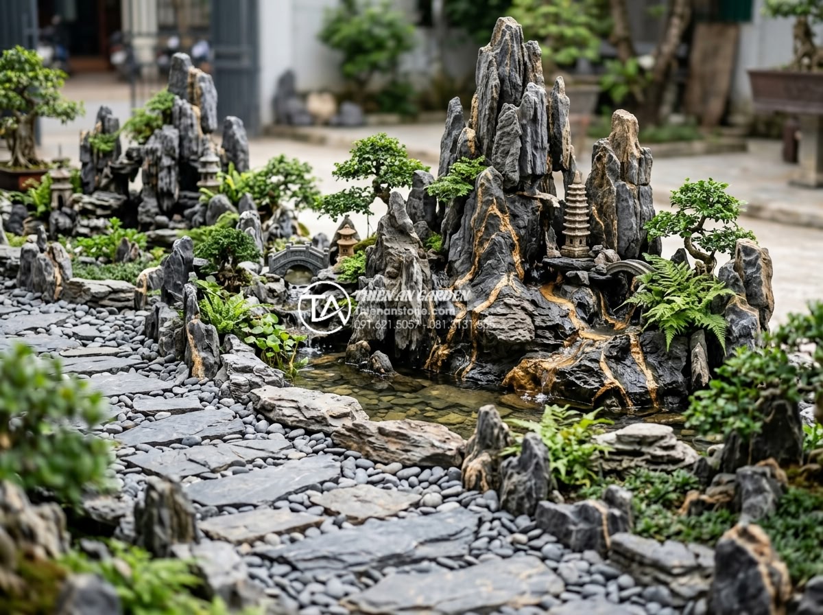 Tại sao nên dùng đá tự nhiên thay vì đá nhân tạo cho tiểu cảnh ngoài trời? - Diverse applications of natural stones in various outdoor miniature scenes inclu