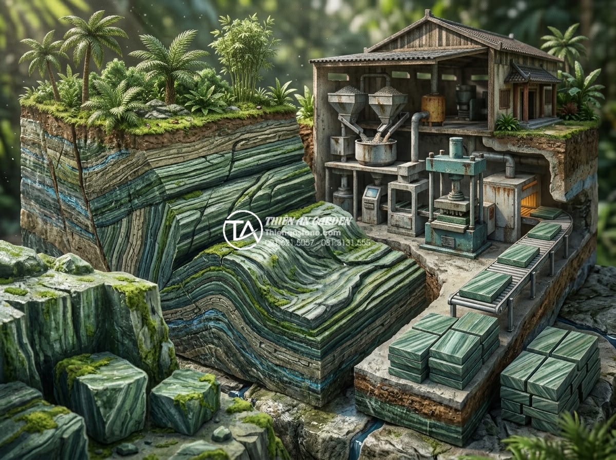 Tại sao nên dùng đá tự nhiên thay vì đá nhân tạo cho tiểu cảnh ngoài trời? - Geological cross section illustration of natural rock formation layers contraste