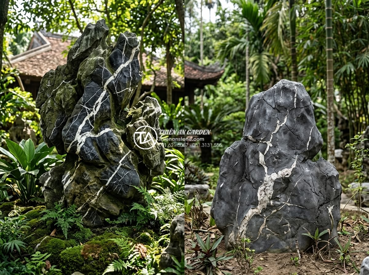 Tại sao nên dùng đá tự nhiên thay vì đá nhân tạo cho tiểu cảnh ngoài trời? - Aged natural stone rock formation in outdoor setting after 20 years exposure sho