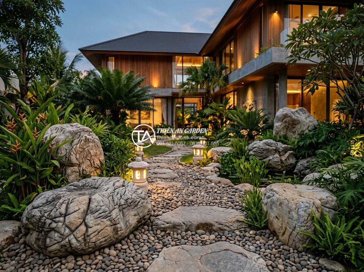Tại sao nên dùng đá tự nhiên thay vì nhựa giả đá trong tiểu cảnh trước nhà? - Luxurious modern Vietnamese villa front yard landscape featuring large natural g