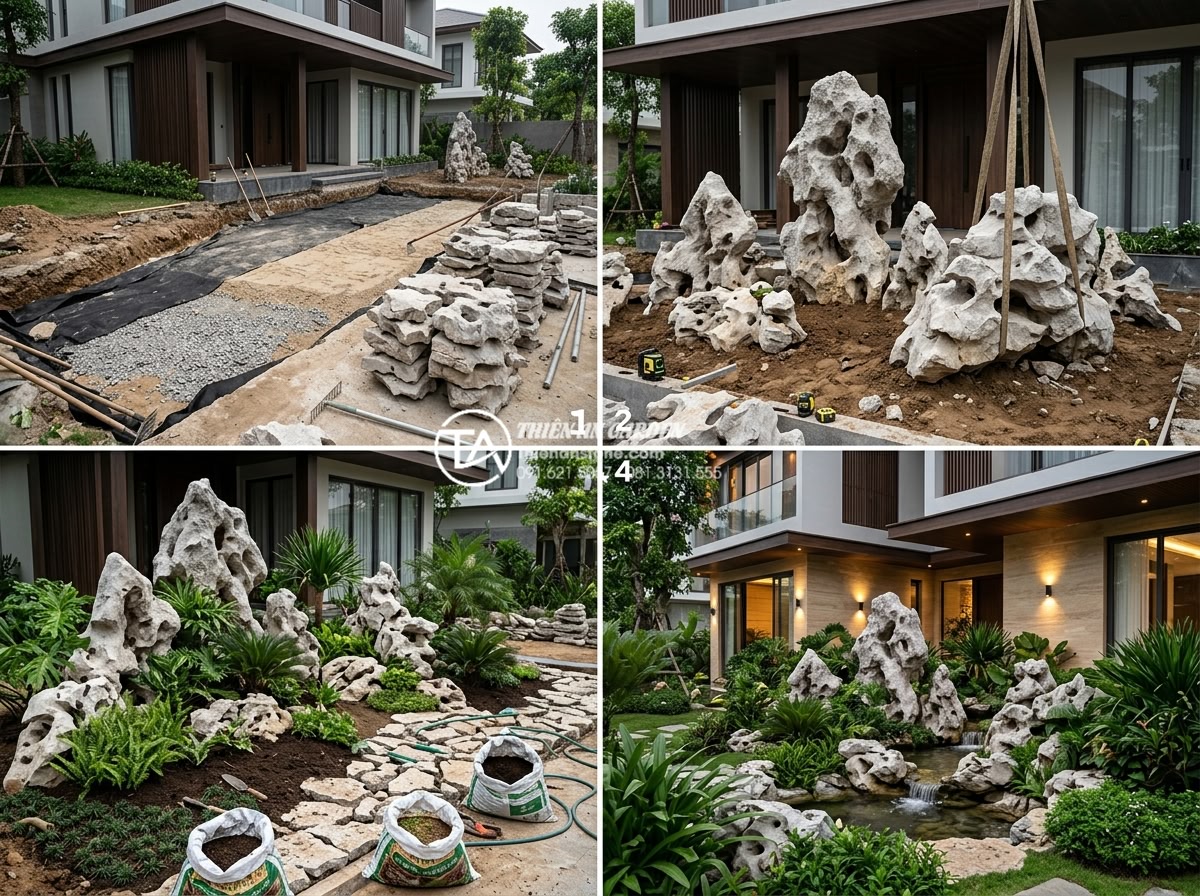 Tại sao nên dùng đá tự nhiên thay vì nhựa giả đá trong tiểu cảnh trước nhà? - Step by step professional installation process of natural stone front yard lands