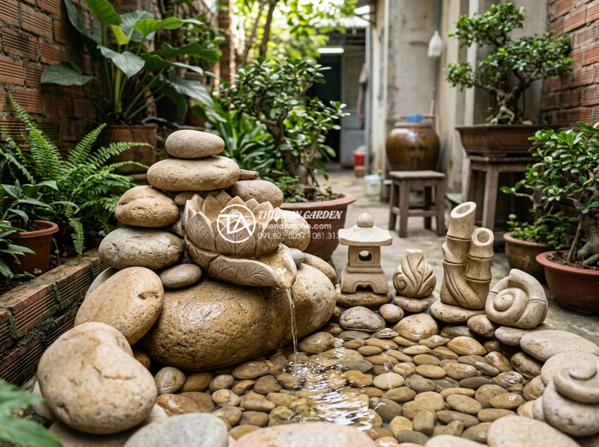 Tại sao tiểu cảnh sân sau lại là giải pháp chống nóng hiệu quả cho nhà ống? - Hình 10 Tại sao tiểu cảnh sân sau lại là giải pháp chống nóng hiệu quả cho nhà ống? - Intricately hand-carved natural stone sculptures and decorative elements in a fu