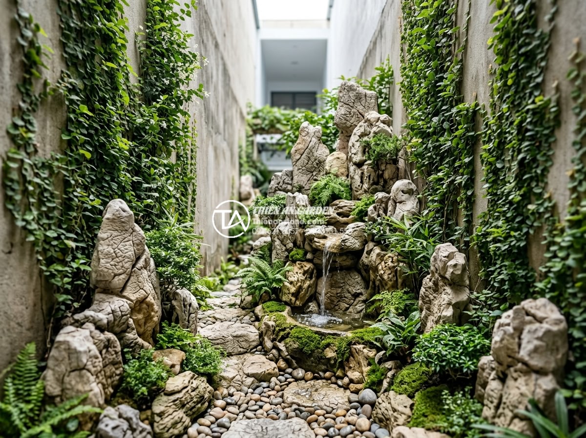 Tại sao tiểu cảnh sân sau lại là giải pháp chống nóng hiệu quả cho nhà ống? - Hình 11 Tại sao tiểu cảnh sân sau lại là giải pháp chống nóng hiệu quả cho nhà ống? - Creative vertical design of a narrow backyard miniature landscape optimized for