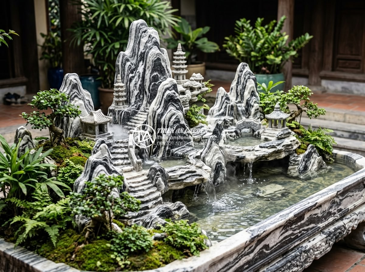 Tại sao tiểu cảnh sân sau lại là giải pháp chống nóng hiệu quả cho nhà ống? - Hình 14 Tại sao tiểu cảnh sân sau lại là giải pháp chống nóng hiệu quả cho nhà ống? - Completed professional installation phase of stone-based miniature garden with d