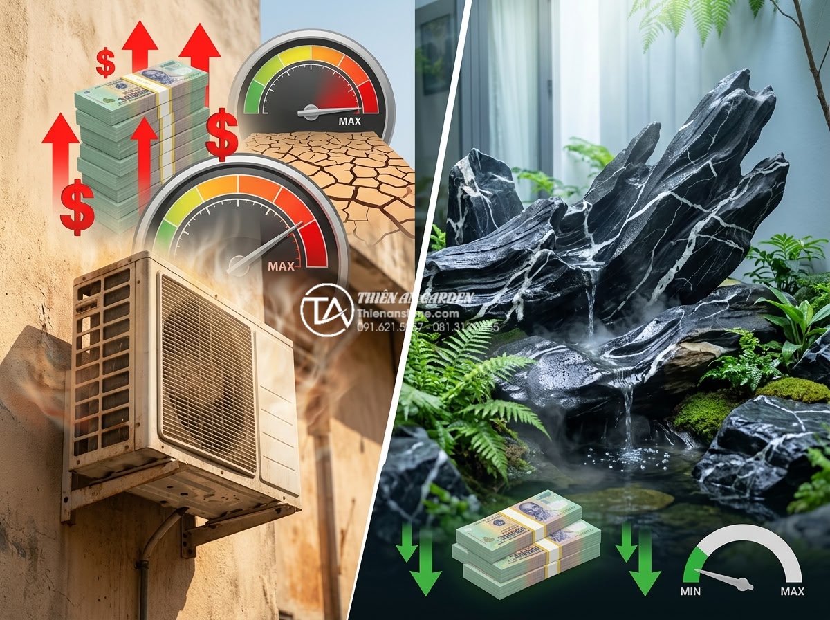 Tại sao tiểu cảnh sân sau lại là giải pháp chống nóng hiệu quả cho nhà ống? - Hình 16 Tại sao tiểu cảnh sân sau lại là giải pháp chống nóng hiệu quả cho nhà ống? - Infographic-style image contrasting high electricity bills from AC with natural