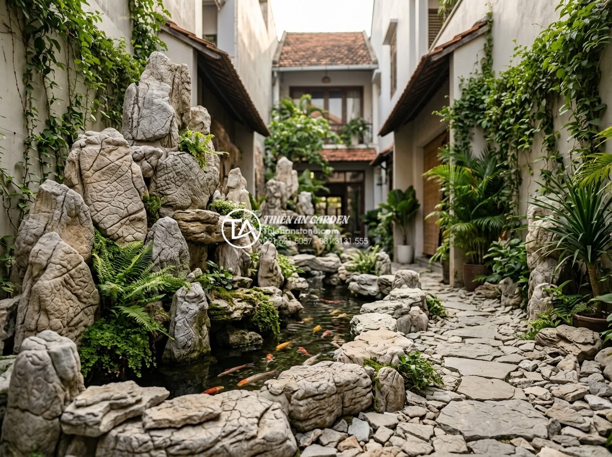 Tại sao tiểu cảnh sân sau lại là giải pháp chống nóng hiệu quả cho nhà ống? - Hình 18 Tại sao tiểu cảnh sân sau lại là giải pháp chống nóng hiệu quả cho nhà ống? - Professional landscape company experts consulting with clients on natural stone