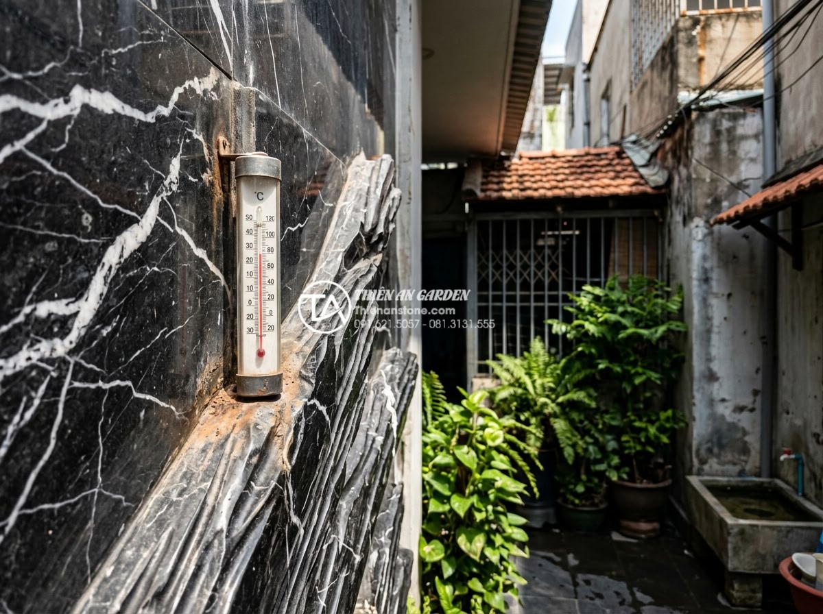 Tại sao tiểu cảnh sân sau lại là giải pháp chống nóng hiệu quả cho nhà ống? - Hình 2 Tại sao tiểu cảnh sân sau lại là giải pháp chống nóng hiệu quả cho nhà ống? - Detailed close-up view of a hot urban tube house exterior wall with thermometer