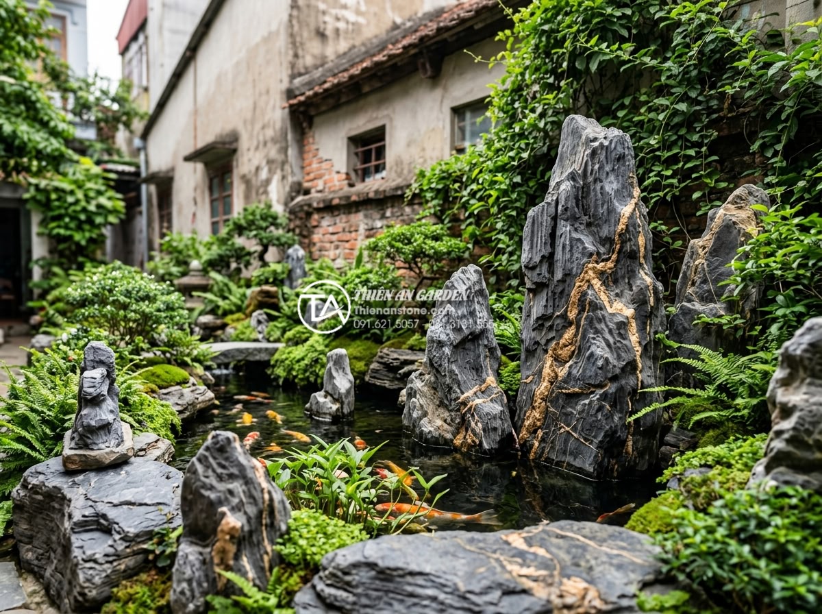 Tại sao tiểu cảnh sân sau lại là giải pháp chống nóng hiệu quả cho nhà ống? - Hình 20 Tại sao tiểu cảnh sân sau lại là giải pháp chống nóng hiệu quả cho nhà ống? - Successful completed backyard miniature garden project featuring koi pond, carve