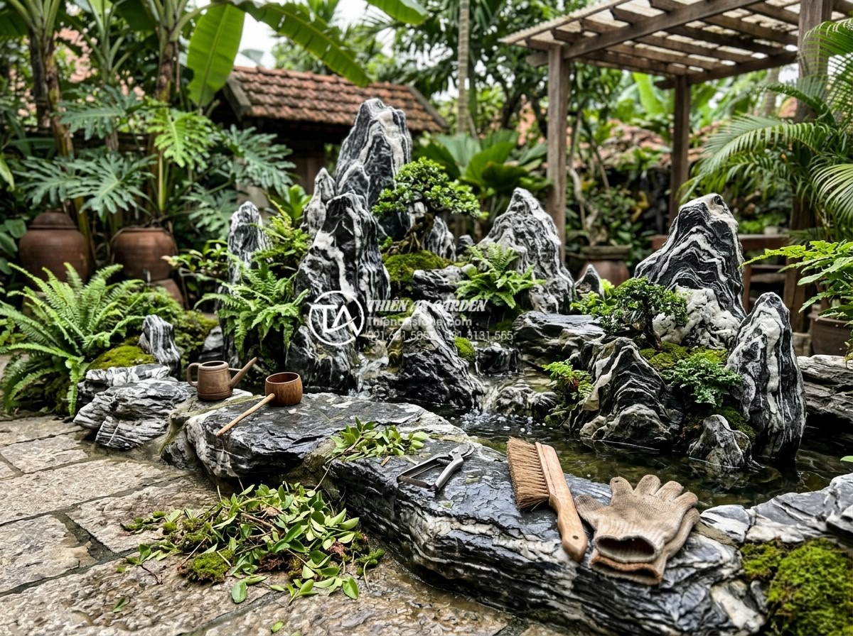 Tại sao tiểu cảnh sân sau lại là giải pháp chống nóng hiệu quả cho nhà ống? - Hình 21 Tại sao tiểu cảnh sân sau lại là giải pháp chống nóng hiệu quả cho nhà ống? - Maintenance process showing cleaning of natural stone elements and pruning plant
