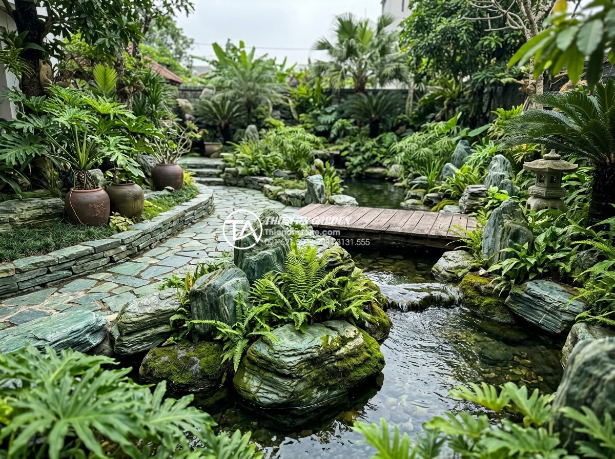 Tại sao tiểu cảnh sân sau lại là giải pháp chống nóng hiệu quả cho nhà ống? - Hình 22 Tại sao tiểu cảnh sân sau lại là giải pháp chống nóng hiệu quả cho nhà ống? - Long-term maintained beautiful stone backyard scene with vibrant plants and clea