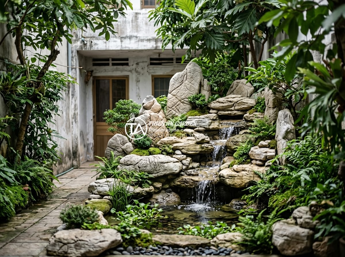 Tại sao tiểu cảnh sân sau lại là giải pháp chống nóng hiệu quả cho nhà ống? - Hình 4 Tại sao tiểu cảnh sân sau lại là giải pháp chống nóng hiệu quả cho nhà ống? - Overview of a compact backyard miniature scene with layered natural stones, wate