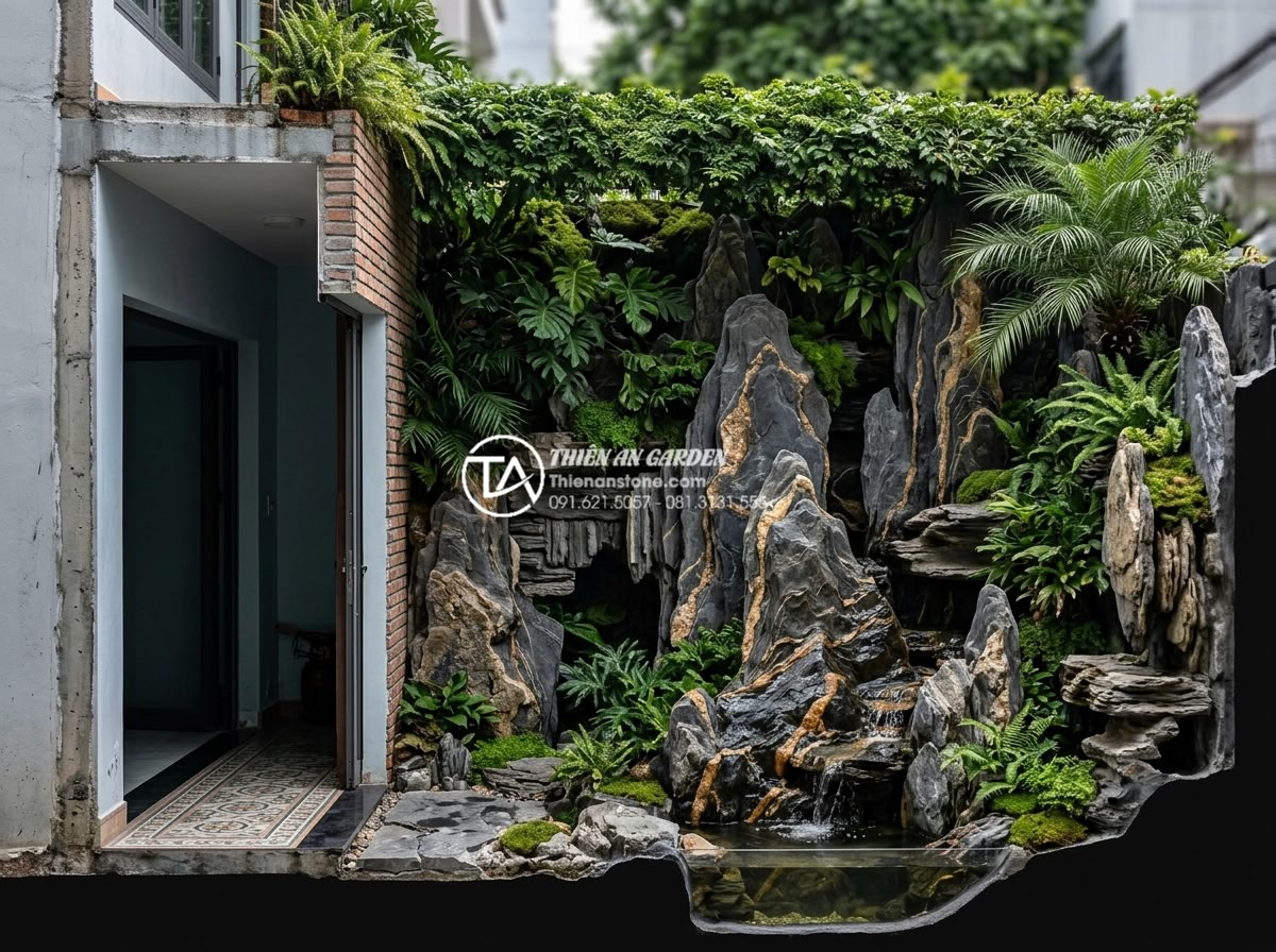 Tại sao tiểu cảnh sân sau lại là giải pháp chống nóng hiệu quả cho nhà ống? - Hình 6 Tại sao tiểu cảnh sân sau lại là giải pháp chống nóng hiệu quả cho nhà ống? - Cross-section view of shaded backyard miniature landscape with layered natural s