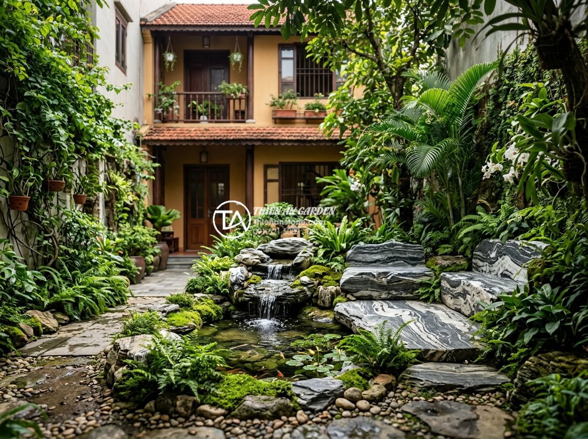 Tại sao tiểu cảnh sân sau lại là giải pháp chống nóng hiệu quả cho nhà ống? - Hình 7 Tại sao tiểu cảnh sân sau lại là giải pháp chống nóng hiệu quả cho nhà ống? - Family relaxing in a cool shaded backyard miniature garden with natural stone se
