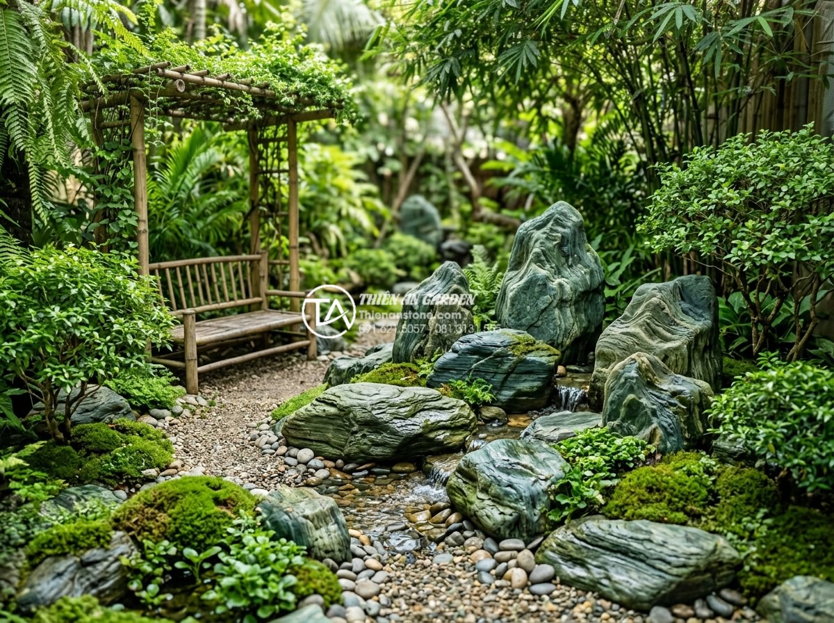 Tại sao tiểu cảnh sân sau lại là giải pháp chống nóng hiệu quả cho nhà ống? - Hình 8 Tại sao tiểu cảnh sân sau lại là giải pháp chống nóng hiệu quả cho nhà ống? - Eco-friendly backyard scene highlighting health benefits with fresh air, natural