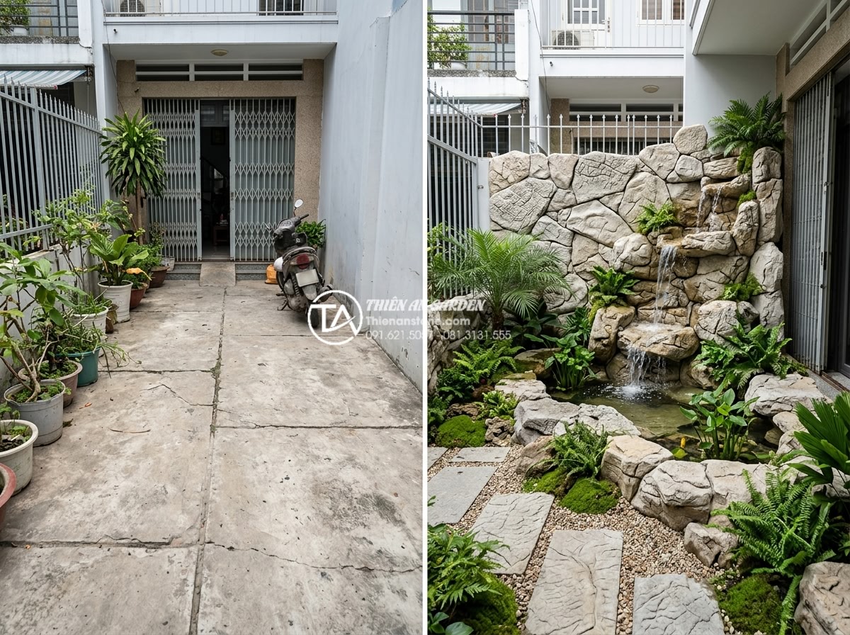 Tại sao tiểu cảnh trước nhà mini đang trở thành xu hướng tại các đô thị? - Hình 10 Tại sao tiểu cảnh trước nhà mini đang trở thành xu hướng tại các đô thị? - Professional before-and-after photography of a narrow Vietnamese townhouse front